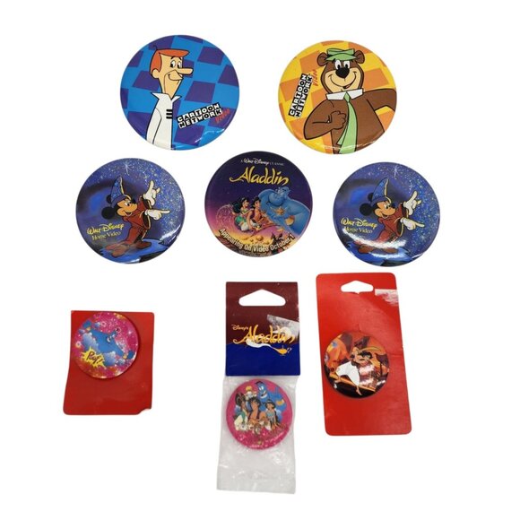 Vintage Disney Cartoon Network Aladdin Mickey Mouse Misc Pins Buttons 8 Total - Picture 1 of 7